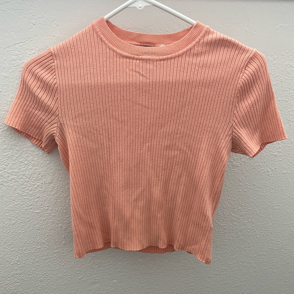 Peach Ribbed Short Sleeve Top